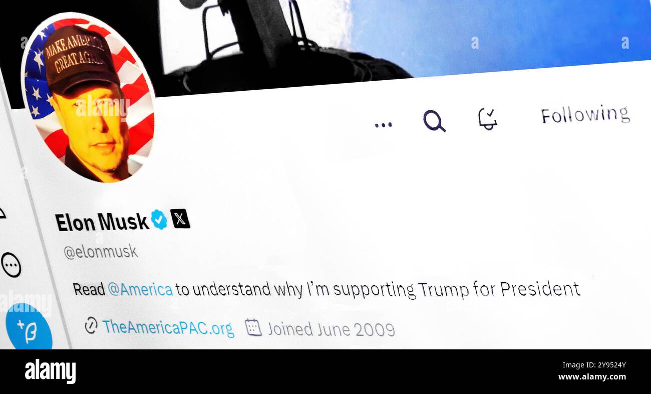 Poltava Ucraina 8 ottobre 2024. Ucraina soft focus . Primo piano del profilo e dell'immagine di Elon Musk su Twitter. Foto Stock