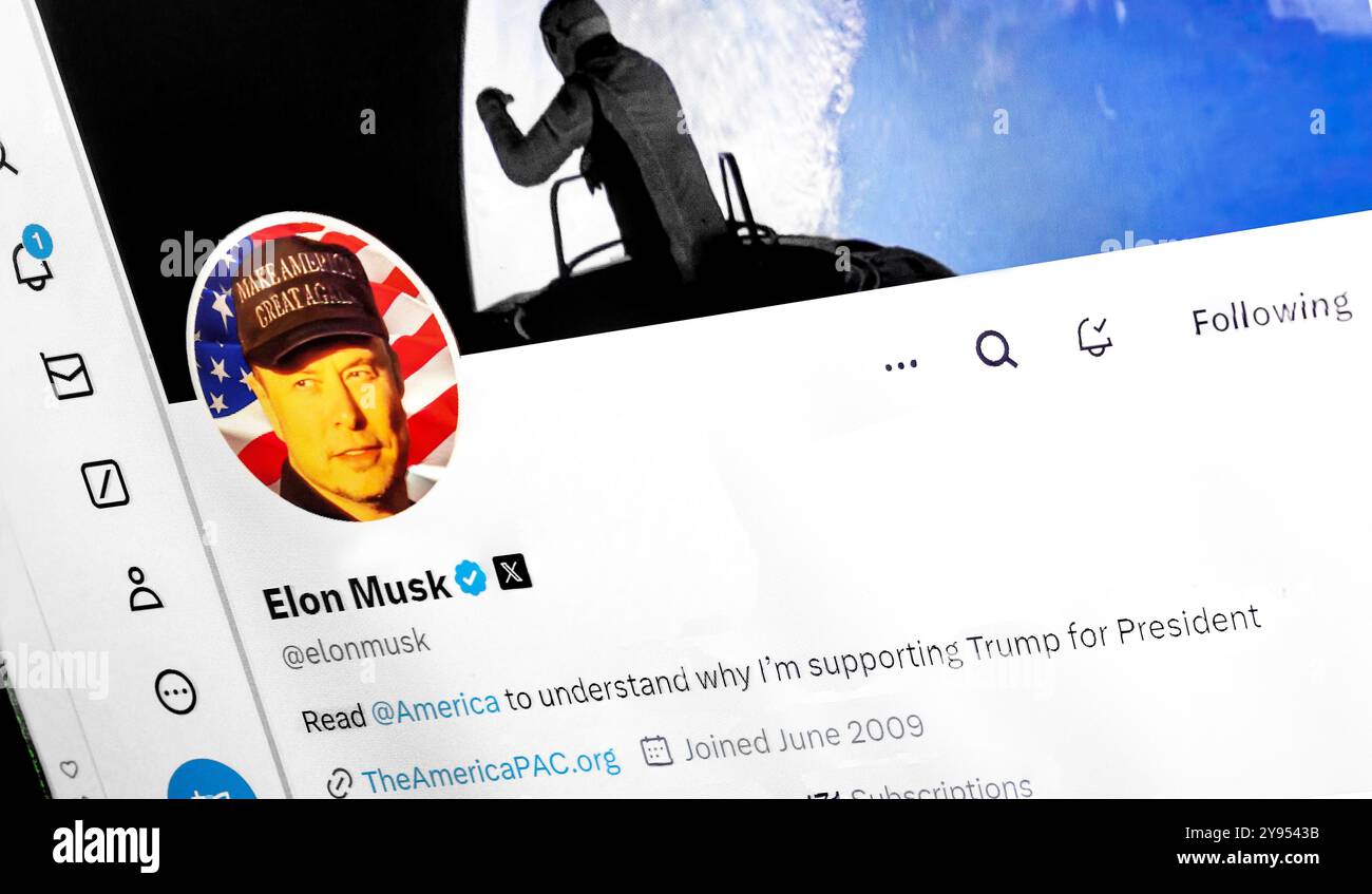 Poltava Ucraina 8 ottobre 2024. Ucraina soft focus . Primo piano del profilo e dell'immagine di Elon Musk su Twitter. Foto Stock