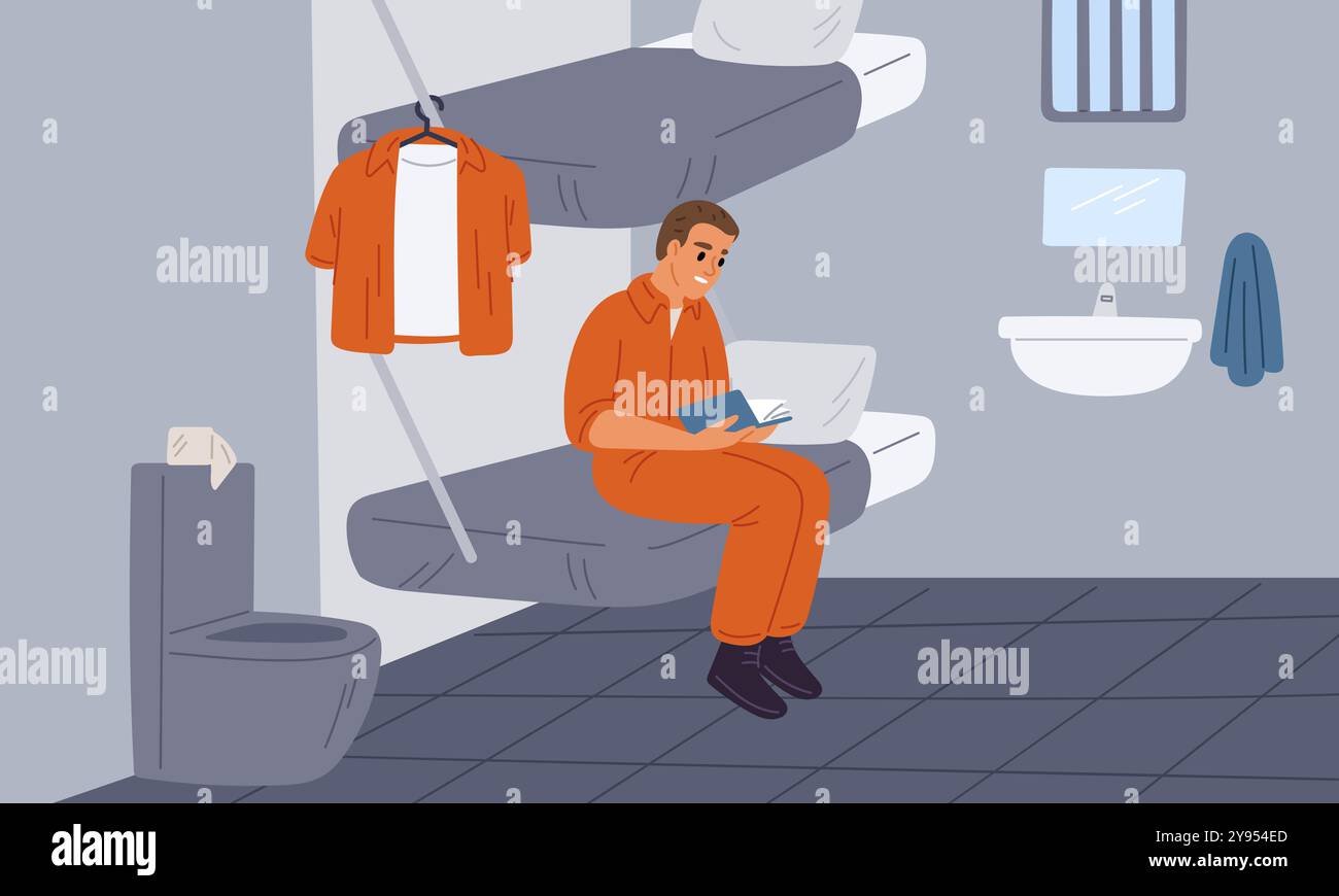 Uomo nella cella dei prigionieri. Scontando il tempo per il crimine. Violazione della legge. Arrestato ragazzo in uniforme arancione che legge un libro o una bibbia. Gabbia interna della prigione. Condannato l Illustrazione Vettoriale