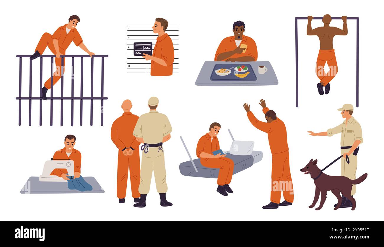 Cartoni animati in prigione. Personaggi prigionieri. Uomini in tute arancioni. I trasgressori stanno scontando il loro tempo. Guardiani e guardie. Celle di detenzione. Condannato Illustrazione Vettoriale