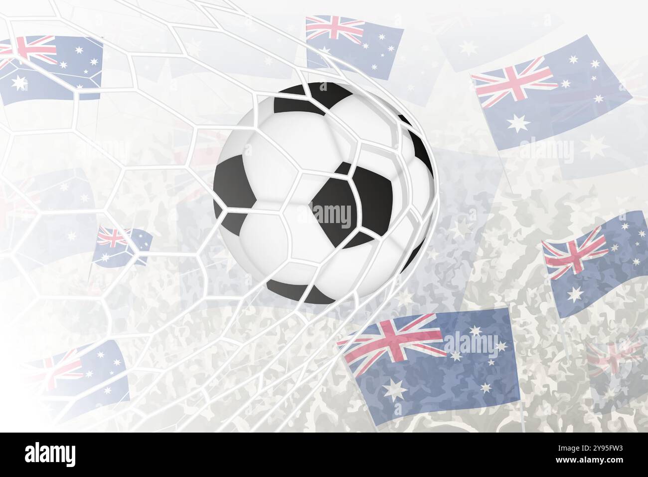 La nazionale australiana di calcio ha segnato un gol. Palla in rete, mentre i tifosi di calcio sventolano la bandiera australiana sullo sfondo. Vettore i Illustrazione Vettoriale