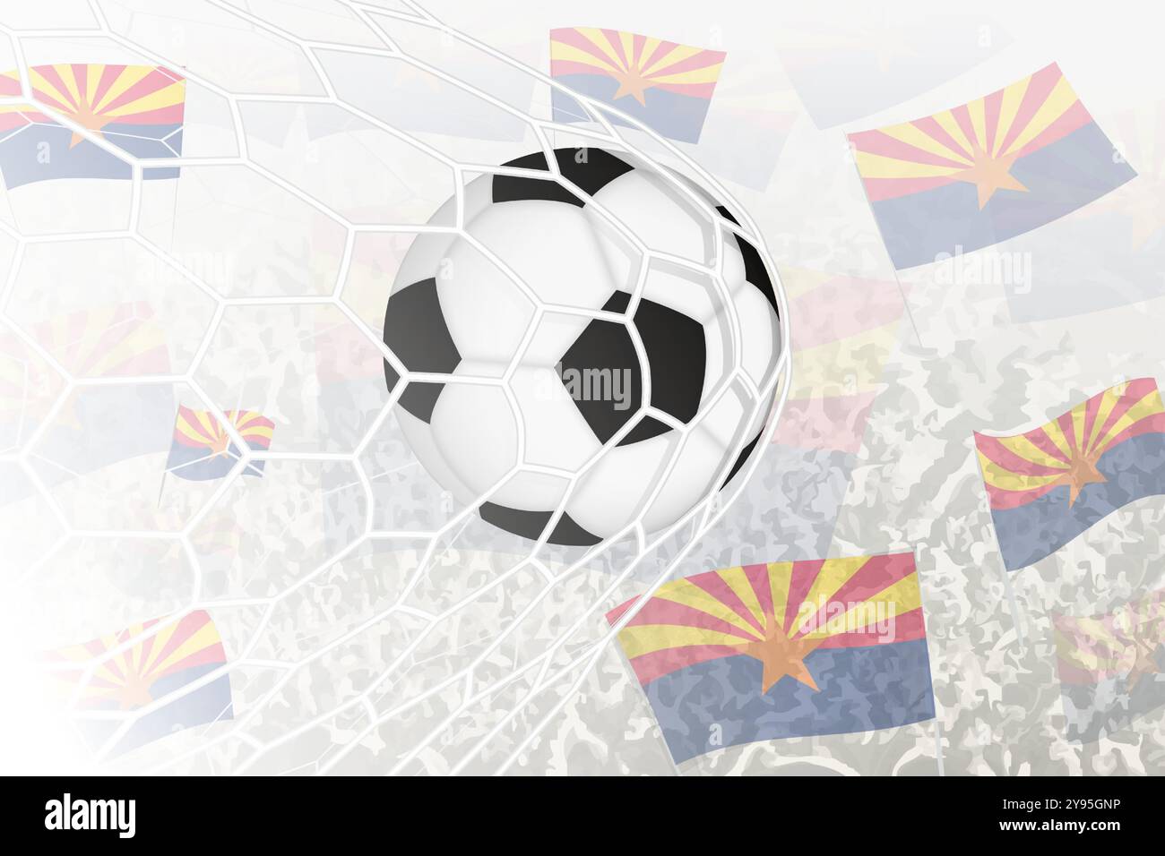 La nazionale di calcio dell'Arizona ha segnato un gol. Palla in rete, mentre i tifosi del calcio sventolano la bandiera dell'Arizona sullo sfondo. Illus vettoriale Illustrazione Vettoriale