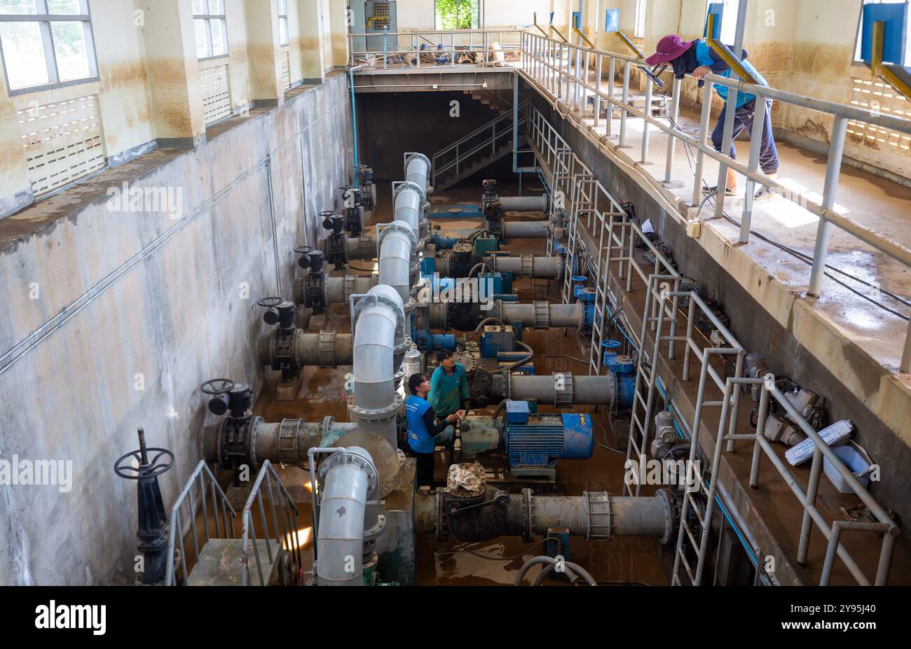 I dipendenti della filiale di Chiang mai della Provincial Waterworks Authority lavorano mentre la pompa dell'acqua riprende la produzione di acqua nella stazione di pompaggio ad alta pressione 2. La filiale di Chiang mai dell'autorità provinciale per le opere idriche ha iniziato a ripristinare il suo sistema di produzione idrica dopo che la situazione delle inondazioni a Chiang mai si è placata. L'autorità è ora in grado di fornire il 80 per cento della sua capacità idrica totale, fornendo acqua per il consumo pubblico e aiutando i residenti a pulire le loro case e gli effetti personali colpiti dall'alluvione. Si prevede che entro una settimana l'alimentazione idrica tornerà alla piena capacità e alle normali operazioni. (Foto di Foto Stock