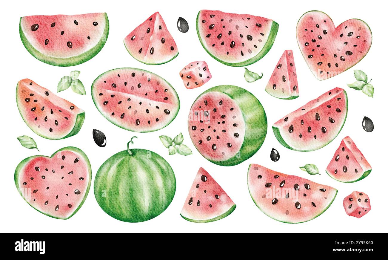 Illustrazioni del set di acquerelli anguria a fette, foglie di menta clip art sfondo isolato. Disegnato a mano con pezzi luminosi e fette di melone di papaveri, c Foto Stock