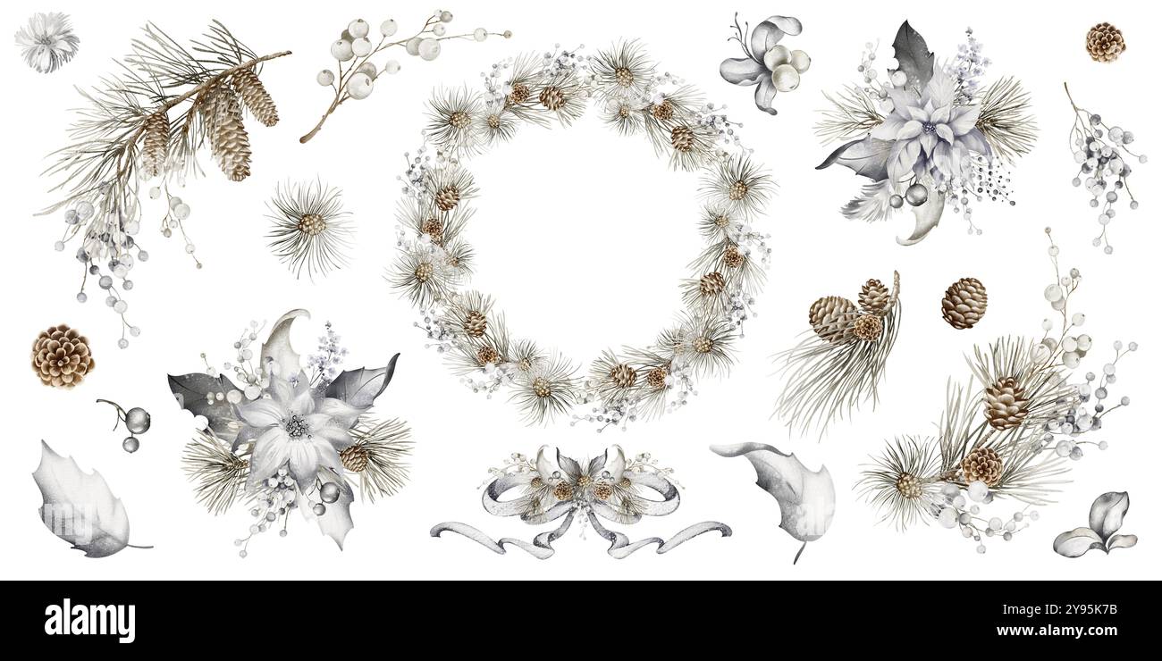 Decorazioni natalizie con set di acquerelli. Clipart di Natale. Illustrazione del nuovo anno. Rami di abete di pino, bacca di Holly, uccello, ghirlanda di frutti di bosco Foto Stock