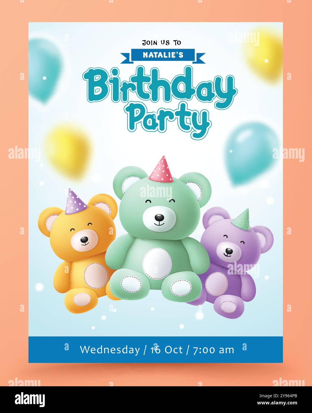 Design del modello vettoriale della scheda di invito di compleanno. Biglietto d'invito per la festa di compleanno con graziosi elementi decorativi di orsacchiotto per l'evento dei bambini Illustrazione Vettoriale