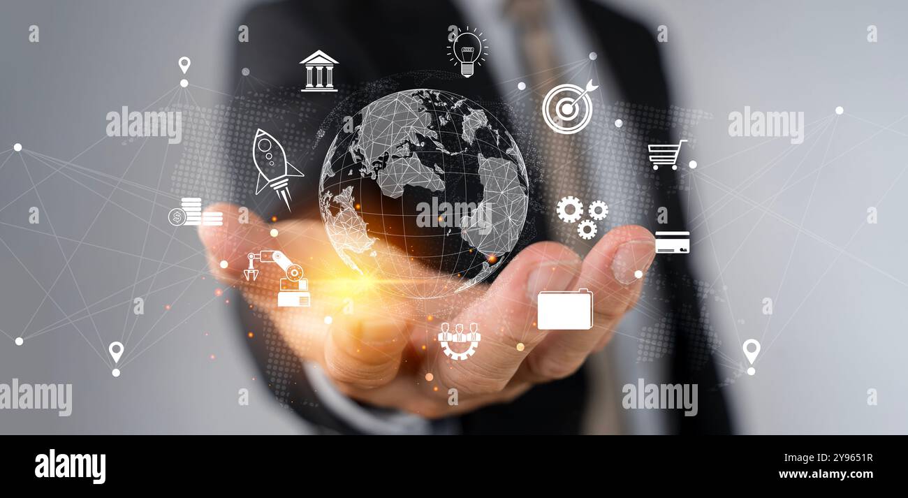 Digital LINK Tech, Business Global Internet Connection Application Technology e digital marketing, uomo d'affari che utilizza l'applicazione su smartphone per n Foto Stock