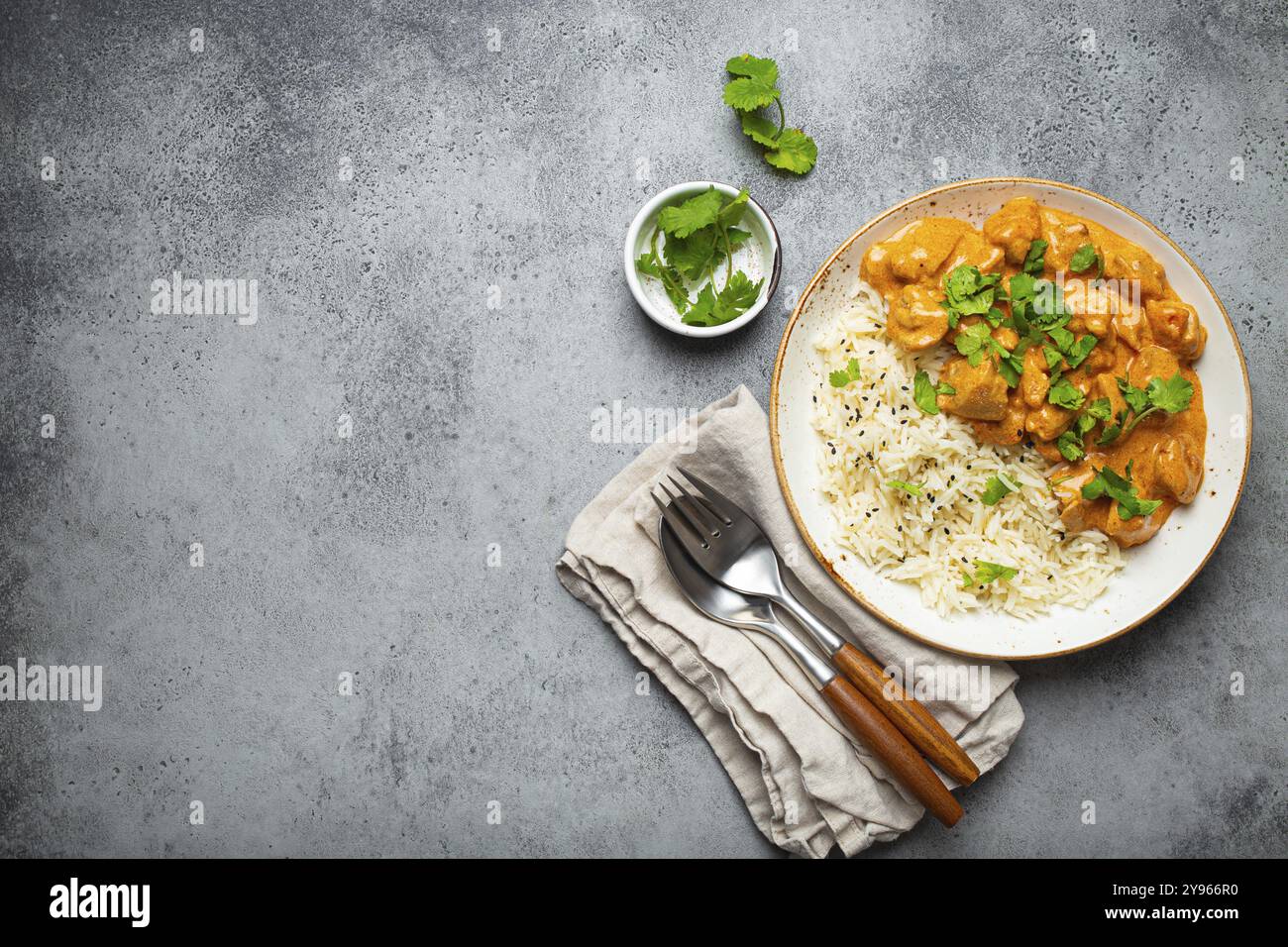 Piatto tradizionale indiano curry di pollo con riso basmati e coriandolo fresco su piatto bianco rustico su fondo grigio tavolo in cemento dall'alto. Indiano Foto Stock