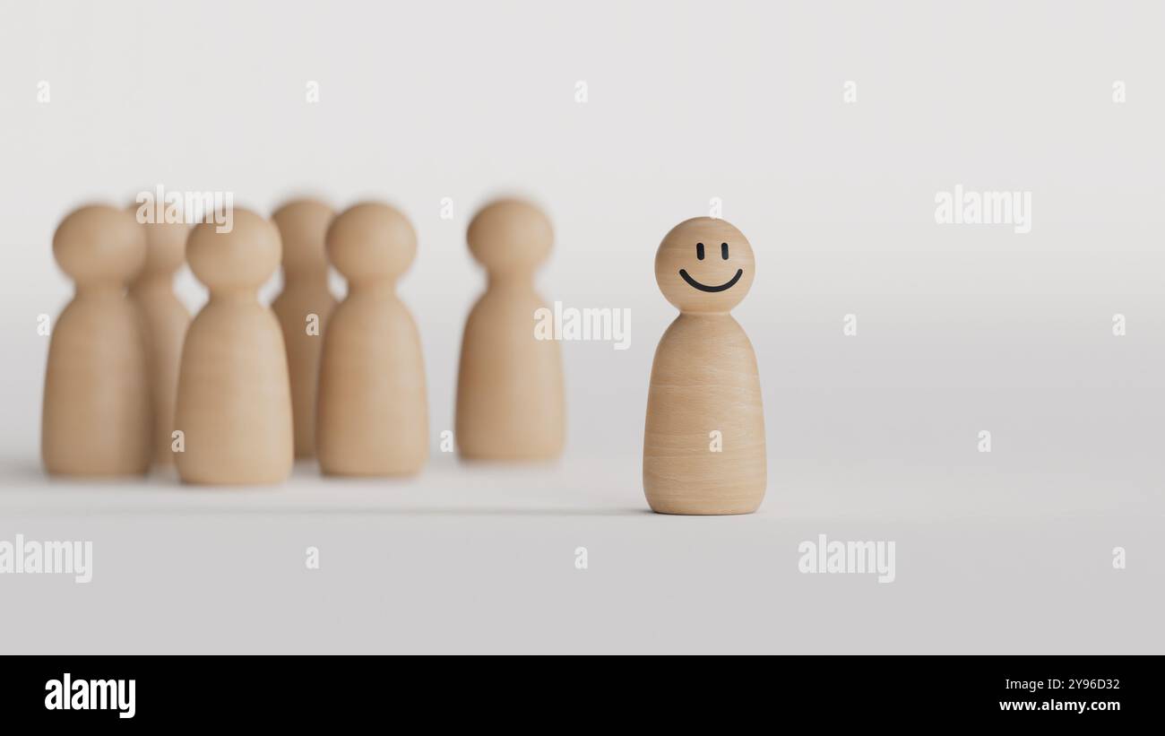 Individualità. Unico. Persona introversa. Una figura sorridente tra la folla. Persona che felice e che gode della solitudine, ha trascorso del tempo da sola. Sviluppo umano. Foto Stock