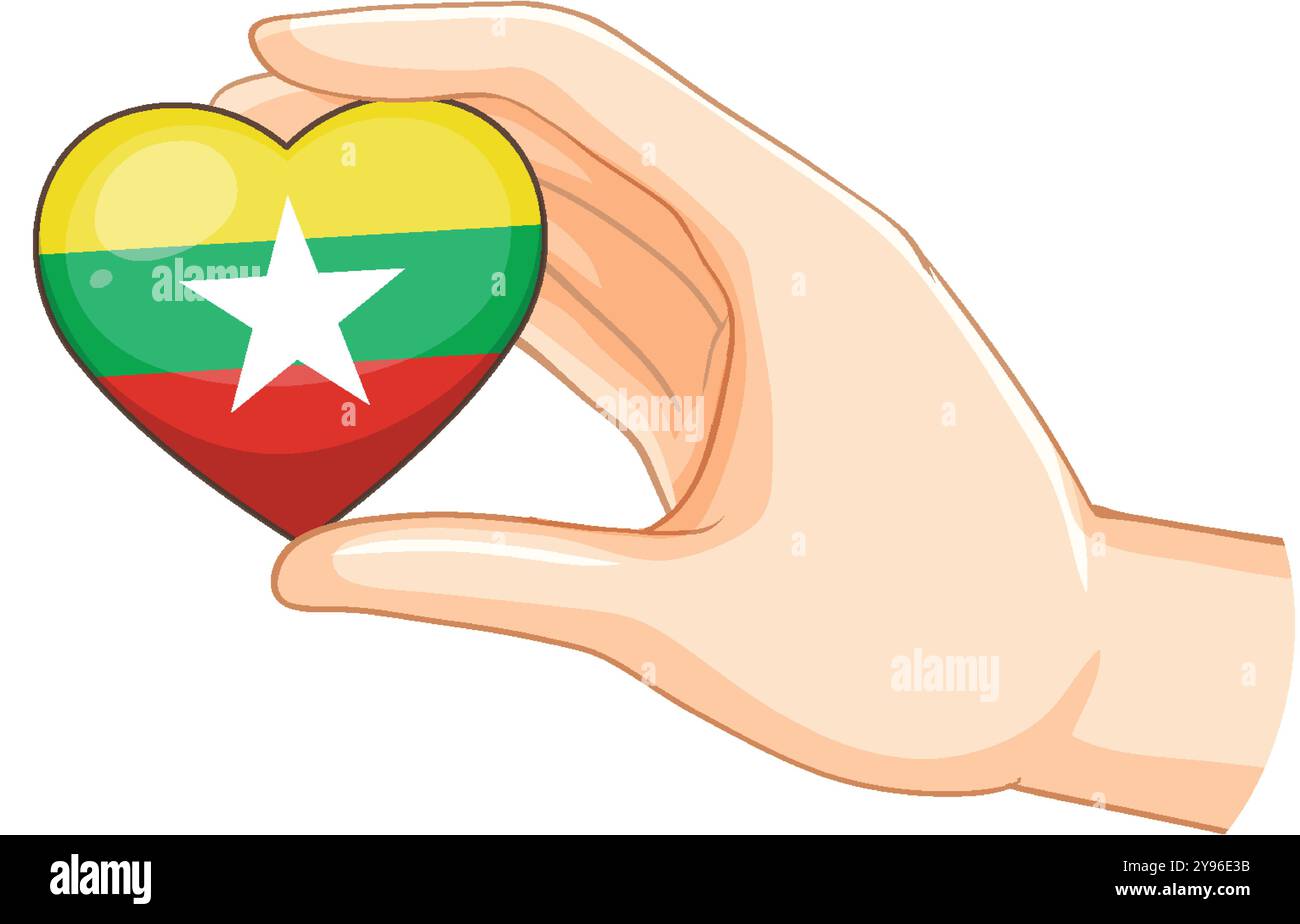 Illustrazione di una mano che tiene il cuore della bandiera del Myanmar Illustrazione Vettoriale