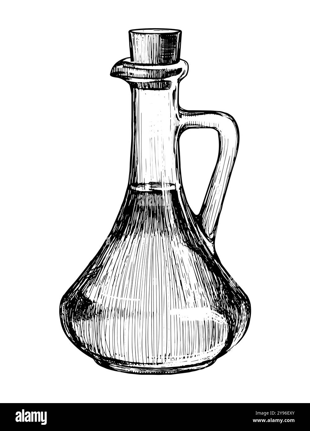 Caraffa in vetro con manico e getto d'inchiostro liquido. Recipiente con olio, fiasca con schizzo di soluzione chimica, pozione strega disegno a mano. Illustrazione vettoriale Illustrazione Vettoriale