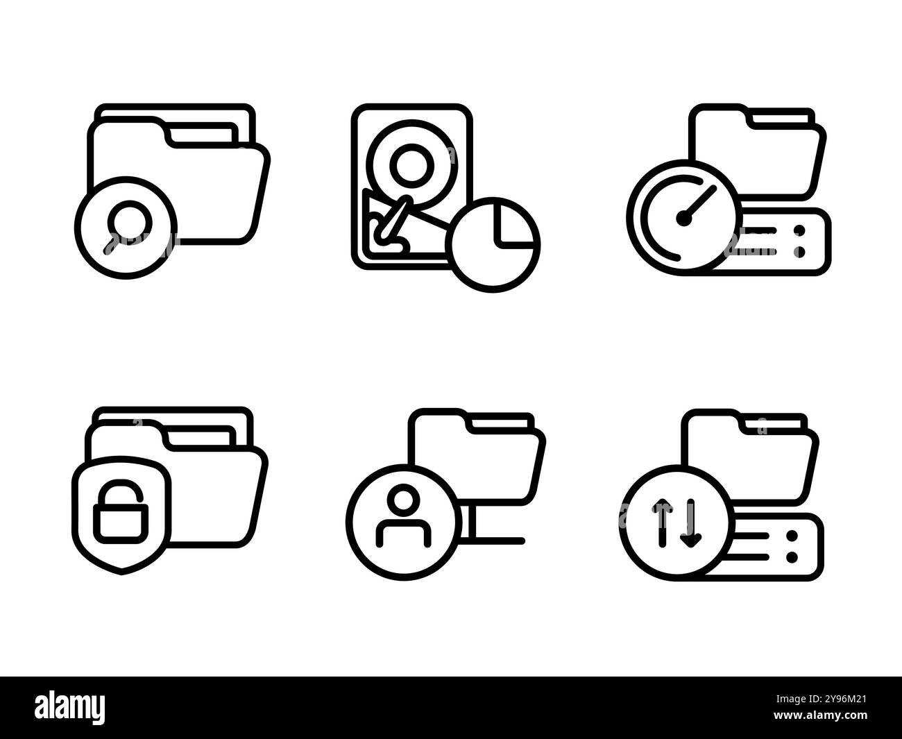 File Manager cartella Access Management soluzione di archiviazione server di backup bloccato insieme di icone di raccolta contorno sottile Illustrazione Vettoriale
