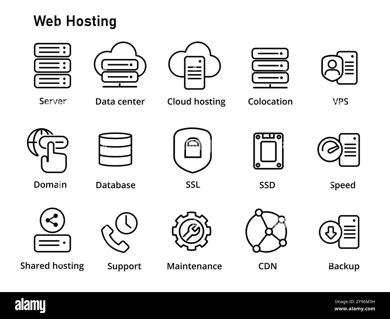 Set di icone del servizio di hosting Web contorno linea nera server semplice VPS server condiviso colocation CDN cloud Virtual Private Server Illustrazione Vettoriale