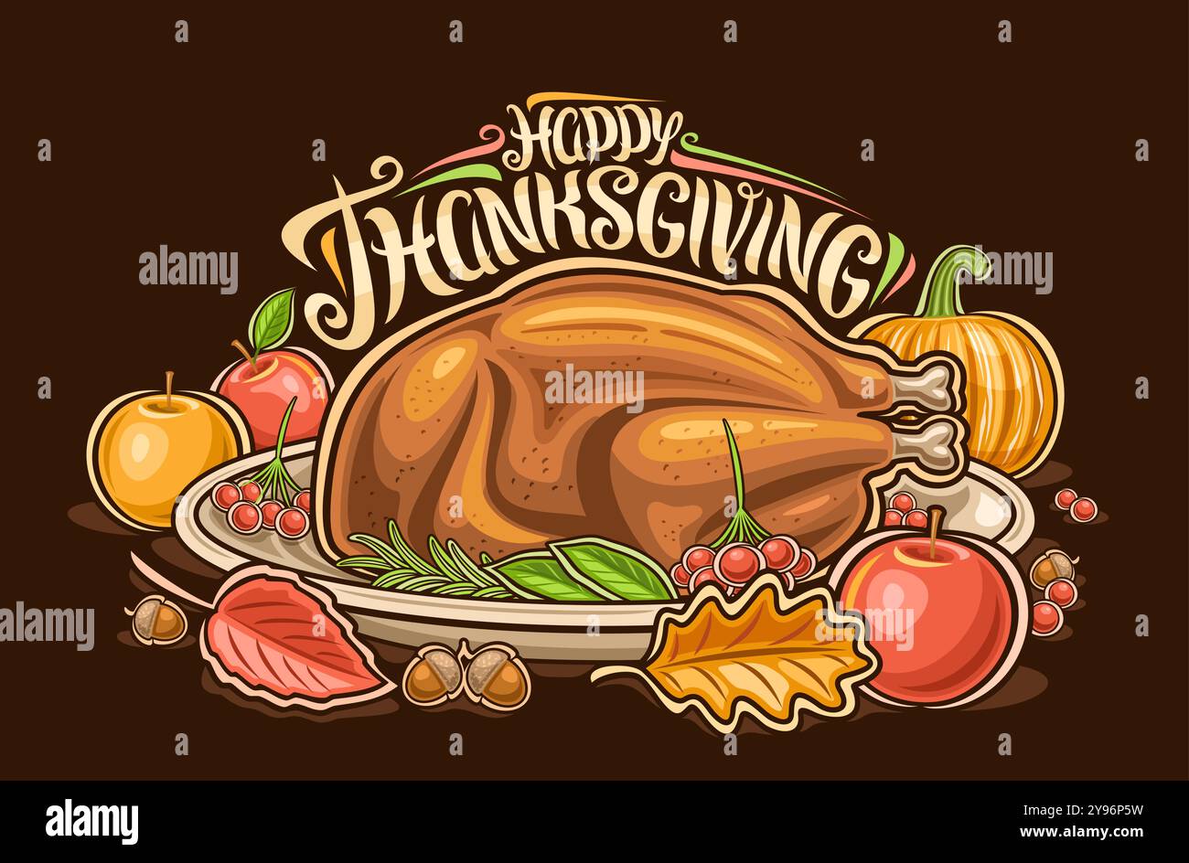 Logo Vector Thanksgiving, poster orizzontale con disegno a cartoni animati composto da tacchino di ringraziamento fatto in casa con contorno su un piatto grande e mele rosse Illustrazione Vettoriale