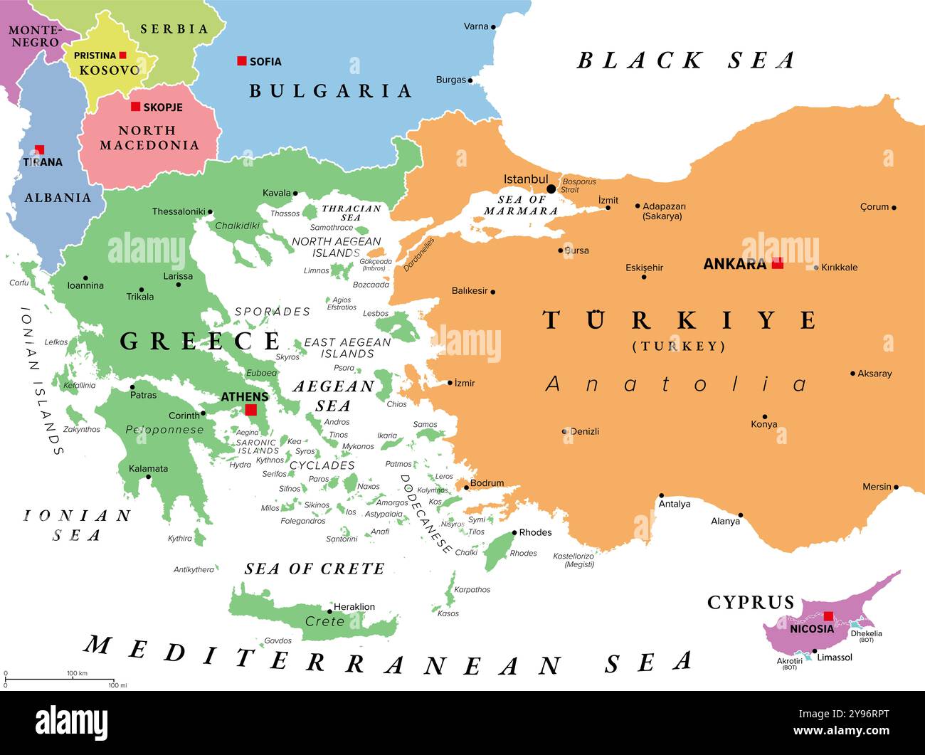 Regione del Mar Egeo, con isole dell'Egeo, mappa politica multicolore. embayment allungato del Mar Mediterraneo, situato tra Europa e Asia. Foto Stock