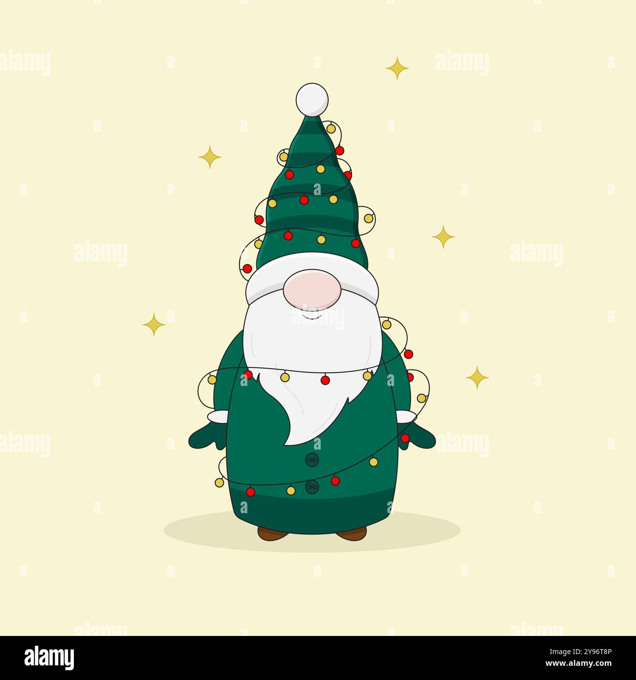 Il simpatico gnomo natalizio con cappotto verde, cappello e guanti si è aggrovigliato nelle luci natalizie. Illustrazione vettoriale in stile cartoni animati. Illustrazione Vettoriale