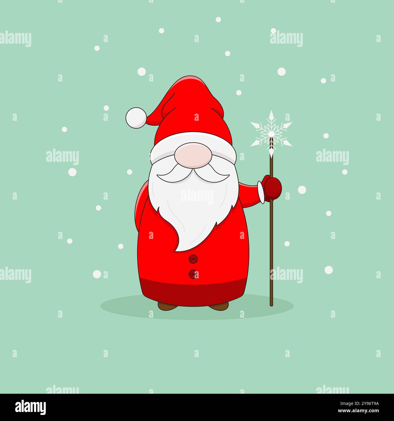 Un simpatico gnomo natalizio con cappotto rosso, cappello e guantoni regge uno staff con un fiocco di neve. Illustrazione vettoriale in stile cartoni animati. Illustrazione Vettoriale