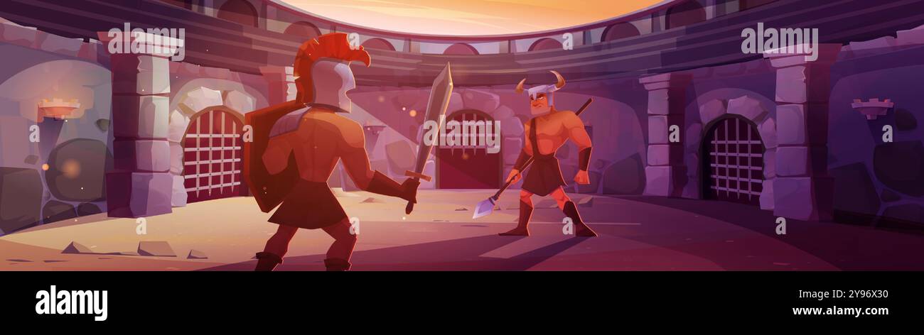 Antichi guerrieri gladiatori in caschi, con spada e lancia che combattono nell'arena rotonda romana con porte a reticolo, pareti di pietra e pavimento di sabbia. Cartoon Vector Medieval spartan Soldier Battle Competition. Illustrazione Vettoriale