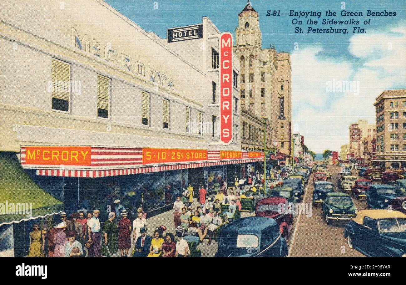 Cartolina d'epoca statunitense del McCrory Five e negozio di DIME a St. Petersburg, Florida. Foto Stock