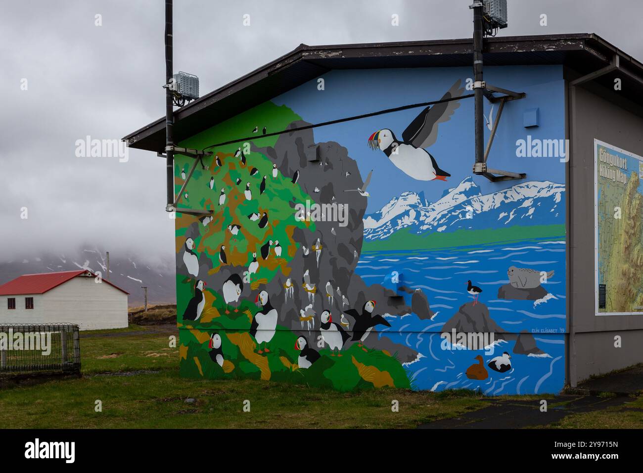 Bakkagerdi, Islanda, 19.05.2022. Colorate decorazioni pittoriche di pulcinelle di mare nidificanti e scogliere su un muro se un edificio a Bakkagerdi. Foto Stock