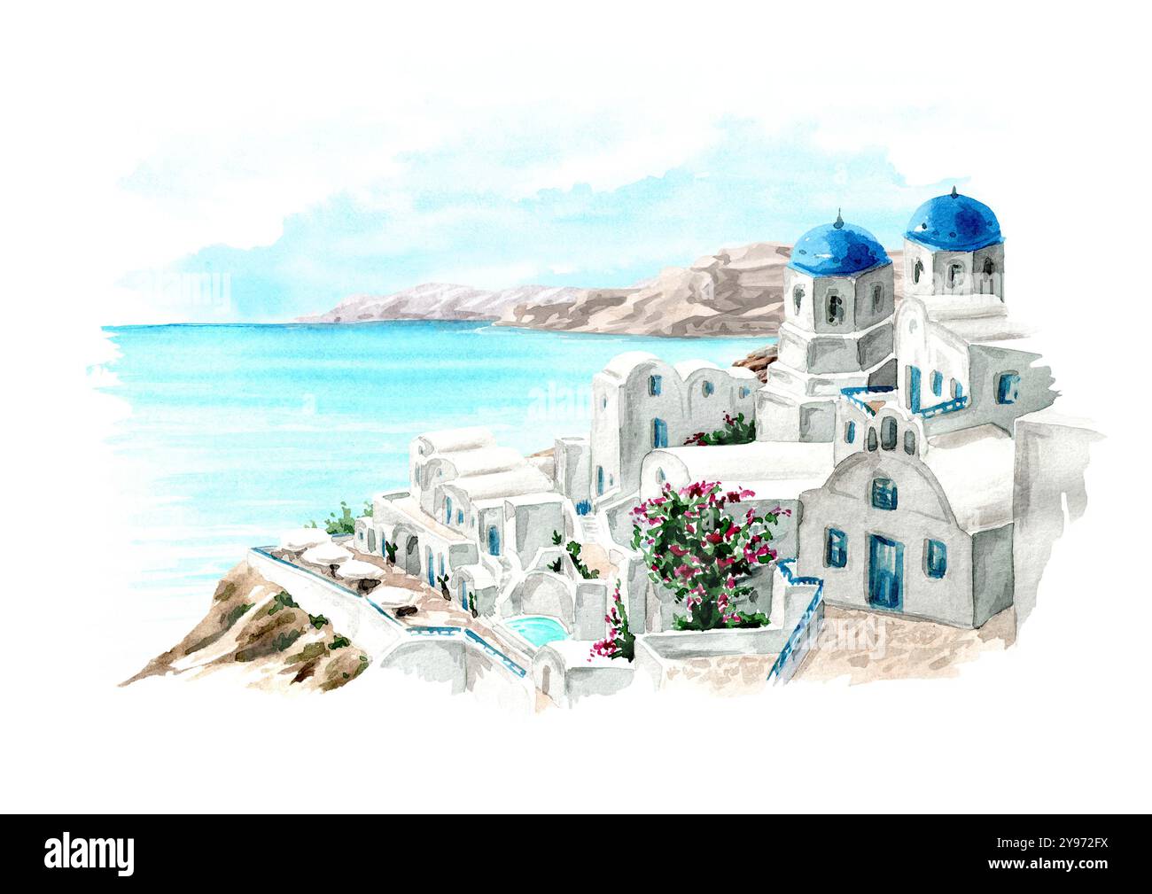 Isola di Santorini, Mediterraneo, Grecia. Vista della città di Oia e del mar egeo. Illustrazione ad acquerello disegnata a mano, isolata su sfondo bianco Foto Stock