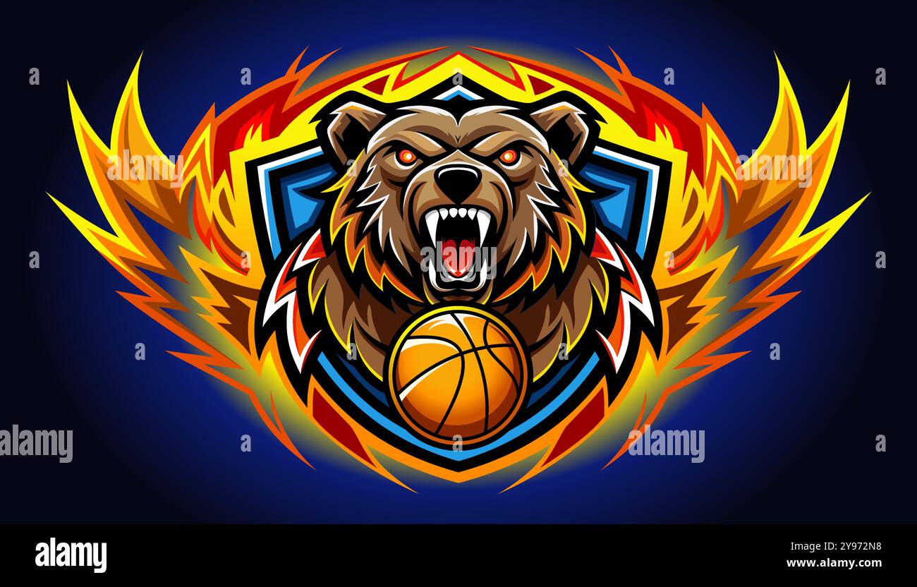 Simbolo, logo di un orso bruno con occhi sanguinosi che ruggiscono ferocemente con una pallacanestro arancione ardente circondata da fiamme intense. Illustrazione Vettoriale