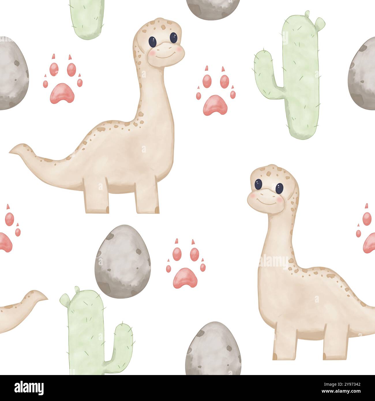 Motivo senza cuciture con dinosauri con collo lungo, impronte di zampe, cactus e uova, illustrazione acquerello a colori per bambini per la stampa e il Web Foto Stock