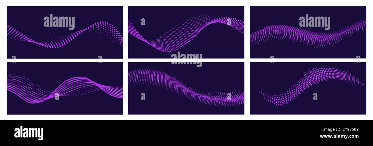 Puntini fluenti disposti in motivi ondulati, che mostrano una sfumatura di mezzitoni con sfumature di viola su uno sfondo scuro Illustrazione Vettoriale
