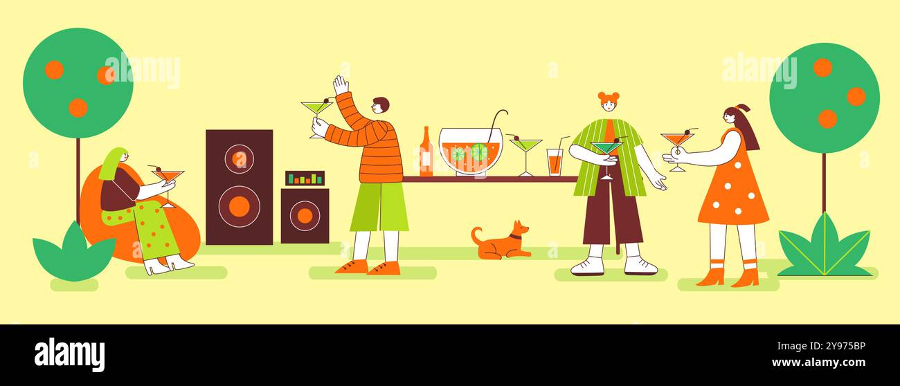 Gli amici si riuniscono al parco per una festa vivace con bevande colorate, musica e allegre interazioni in una vibrante atmosfera estiva Illustrazione Vettoriale