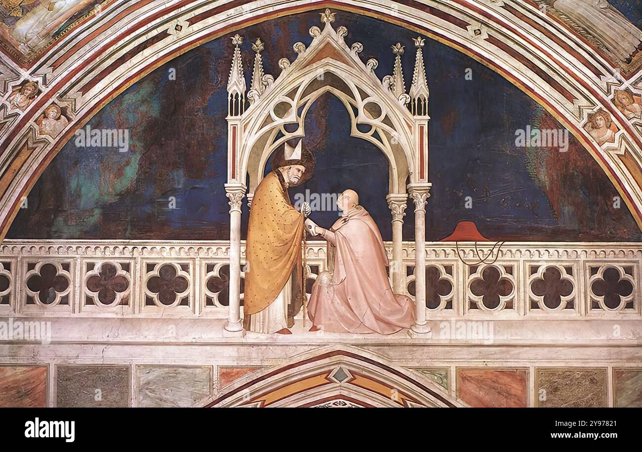 SIMONE MARTINI (B. 1280/85, Siena, d. 1344, Avignone) Consacrazione della Cappella 1317 affresco, 330 x 700 cm Cappella di San Martino, Chiesa inferiore, San Francesco, Assisi accanto agli otto santi sul lato inferiore dell'arco, sulla parete d'ingresso troviamo la scena della Consacrazione della Cappella. Un umore di profonda umiltà pervade tutta la scena e fornisce il legame psicologico tra i due personaggi: Il Cardinale gentile è mostrato in umile adorazione ai piedi di San Martino che lo sta aiutando dolcemente ad alzarsi. L'ambiente ecclesiastico, raffigurato in una prospettiva vista dal basso Foto Stock