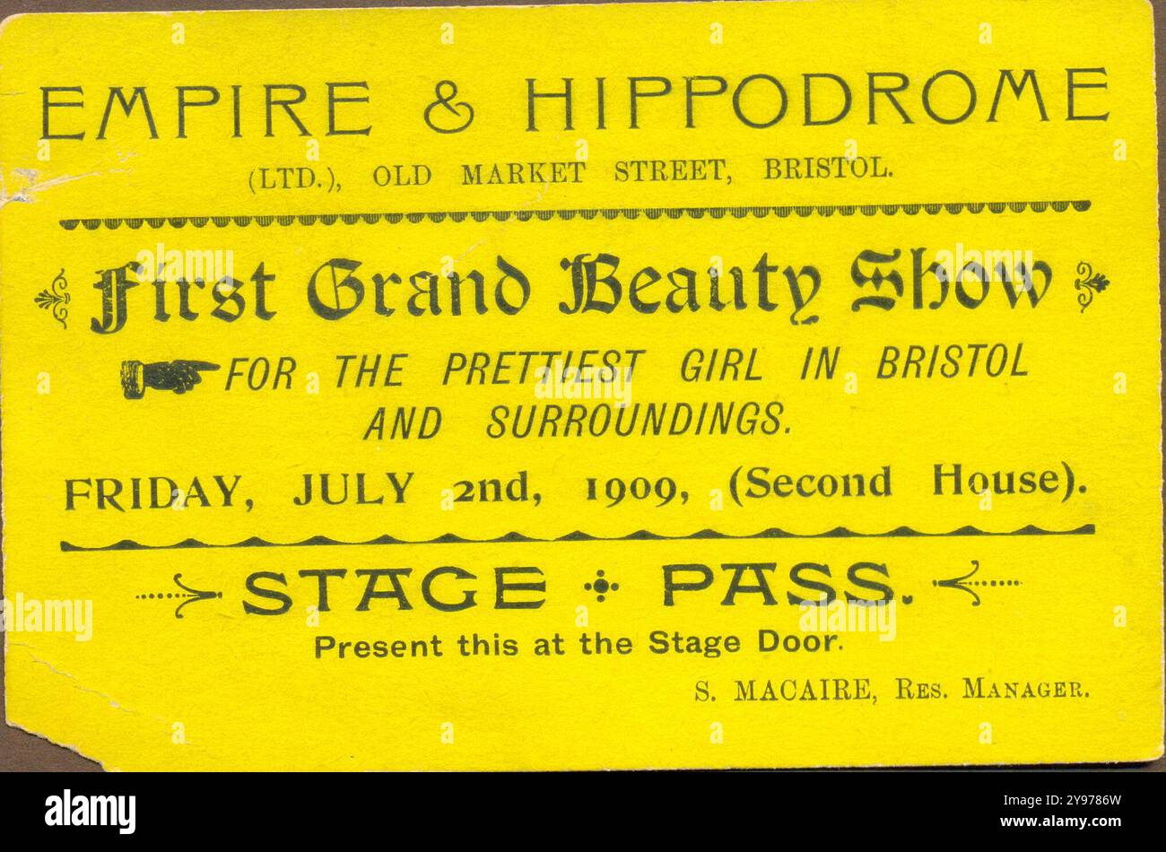 Biglietto politicamente errato per il primo grande spettacolo di bellezza per la ragazza più bella di Bristol e dintorni che si terrà all'Empire & Hippodrome il 2 luglio 1909 Foto Stock