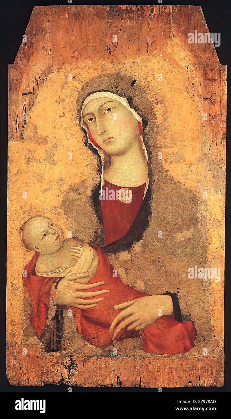 SIMONE MARTINI (1280/85, Siena, d. 1344, Avignone) Madonna col bambino (da Lucignano d'Arbia) 1321 Tempera su legno, 88 x 51 cm Pinacoteca Nazionale, Siena molto è stato scritto sull'iconografia della Madonna di Lucignano d'Arbia, molto insolita nella pittura senese. Maria è mostrata guardando a destra, invece che a sinistra, e ha un bambino che non è ancora un "puer" (come era il caso in tutti i dipinti precedenti) ma ancora un "infans" in abiti a dorso. La ragione che ha portato Simone a scegliere questa iconografia deve ancora essere spiegata, e potrebbe essere stata una r specifica Foto Stock