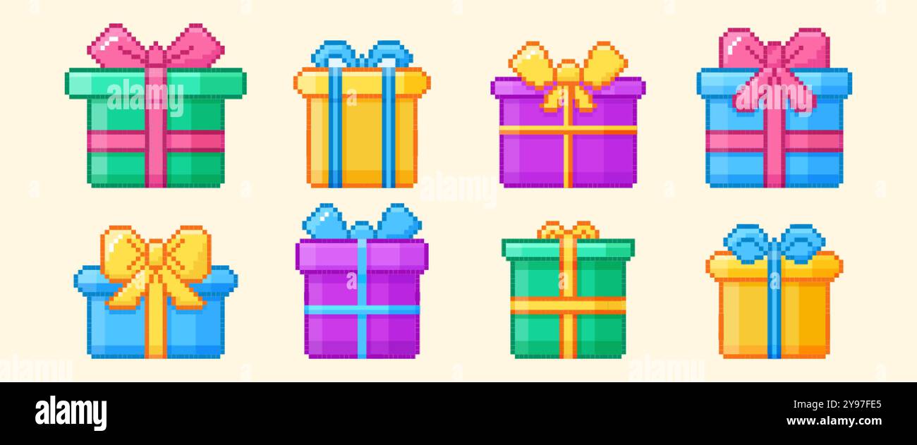 Set di confezioni regalo Pixel ART per il buon compleanno con coperchi e fiocchi a nastro. Icone colorate pixelate alla moda Y2K presentano pacchetti con nodi in stile retrò a 8 bit. Confezione per feste di Natale o sorprese Illustrazione Vettoriale