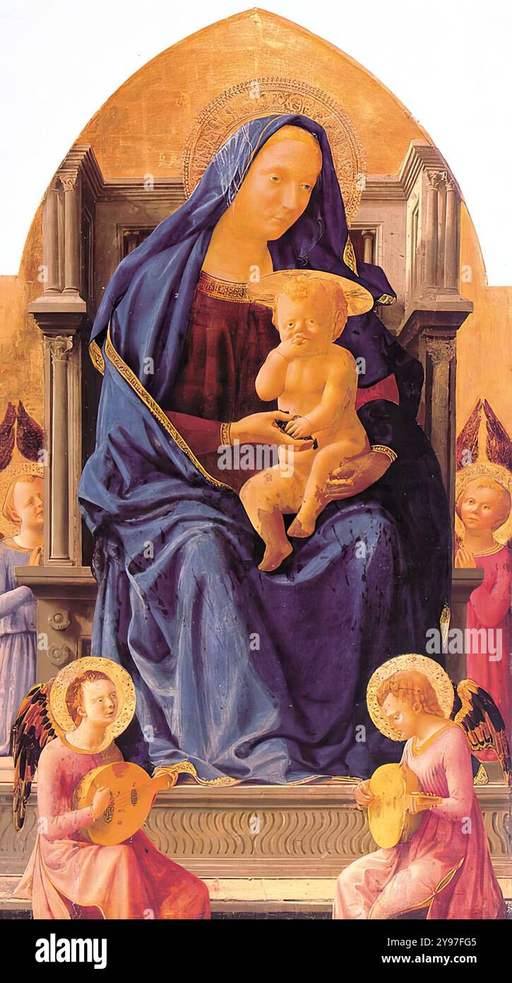 MASACCIO (1401, San Giovanni Valdarno, 1428, Roma) Madonna con bambino e Angeli 1426 legno, 135,5 x 75 cm Galleria Nazionale, Londra il dipinto è il pannello centrale di un grande altare alato di 19 pezzi eseguito per una cappella della Chiesa Carmelitana di Pisa. Altri dieci pannelli della pala d'altare si trovano in vari musei. --- parole chiave: --------------- Autore: MASACCIO titolo: Madonna con bambino e angeli Time-line: 1401-1450 Scuola: Forma italiana: Pittura tipo: Religioso Foto Stock