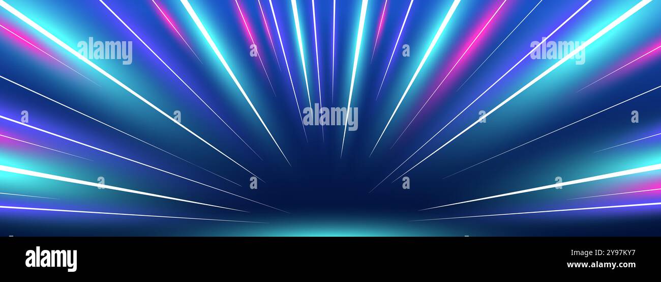 Immagine astratta che raffigura il movimento della velocità su strada. Luce al neon blu brillante e viola. A dimostrazione della velocità della luce in galassia, è dotato di vortici a onda luminosa viola e linee di cavi a impulsi. Design a lunga esposizione Illustrazione Vettoriale