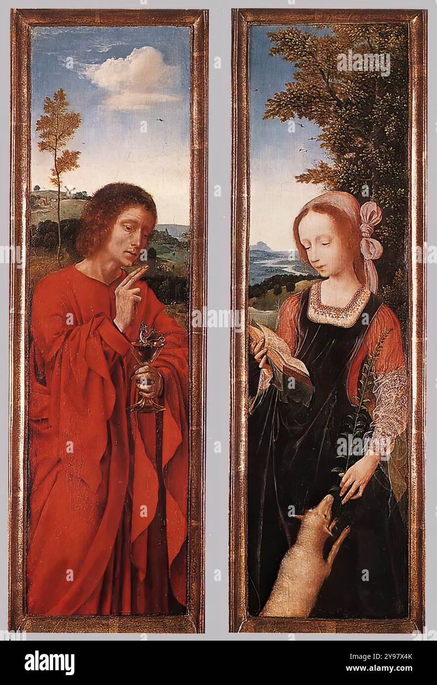 MASSYS, Quentin (B. 1465/66, Lovanio, d. 1530, Anversa) Giovanni Battista e Sant'Agnese c. 1520 olio su quercia, 48 x 13,3 cm (ciascuno) Wallraf-Richartz Museum, Colonia le ali, che mostrano i Santi Lawrence e Dorothy sul loro esterno, erano una volta parte di un trittico devozionale. Il centro dovrebbe essere una Vergine con bambino coronata da angeli. --- parole chiave: --------------- Autore: MASSYS, Quentin titolo: Giovanni Battista e Sant'Agnese Time-line: 1451-1500 Scuola: Fiamminga forma: Pittura tipo: Religioso Foto Stock