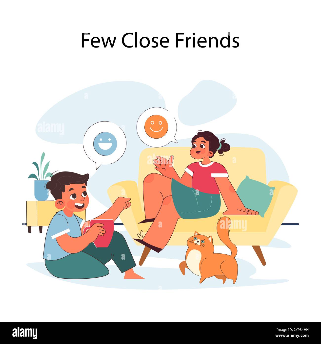Bambino introverso. Ragazzo antisociale che preferisce avere qualche amico intimo. Qualità e segni del temperamento calmo e premuroso. Illustrazione vettoriale piatta Illustrazione Vettoriale