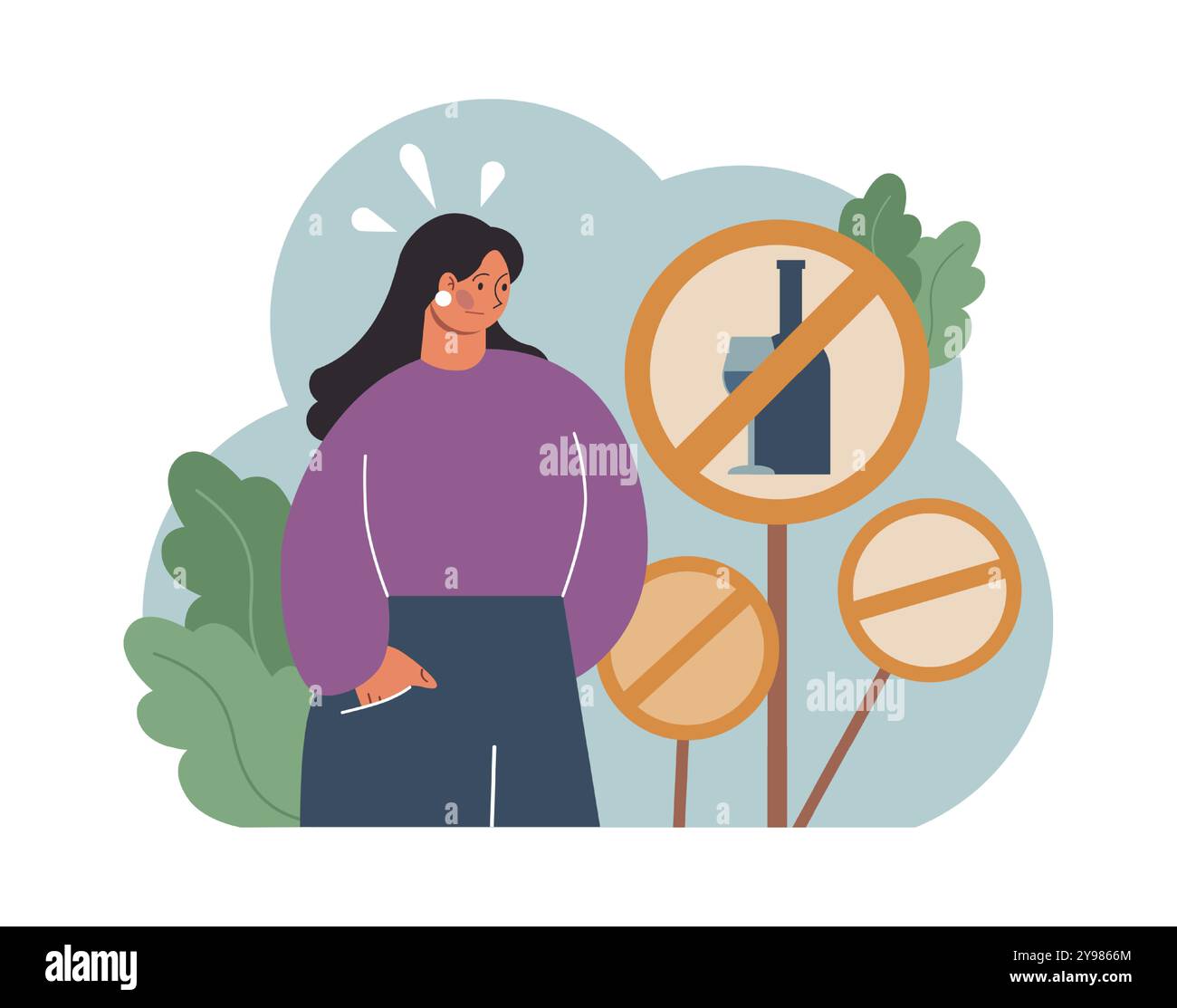 Alcolismo femminile. Donna che soffre di alcolismo duro, dipendenza da alcol. Donna che abbandona l'abitudine pericolosa rifiutandosi di bere. Consapevolezza malsana dello stile di vita. Illustrazione vettoriale piatta Illustrazione Vettoriale