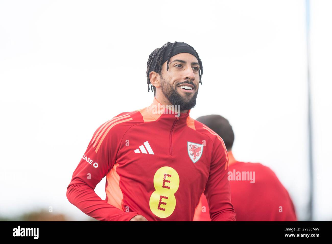 Hensol, Galles, Regno Unito. 9 ottobre 2024. Sorba Thomas durante l'allenamento della nazionale di calcio gallese in vista delle partite della UEFA Nations League contro Islanda e Montenegro. Crediti: Mark Hawkins/Alamy Live News Foto Stock