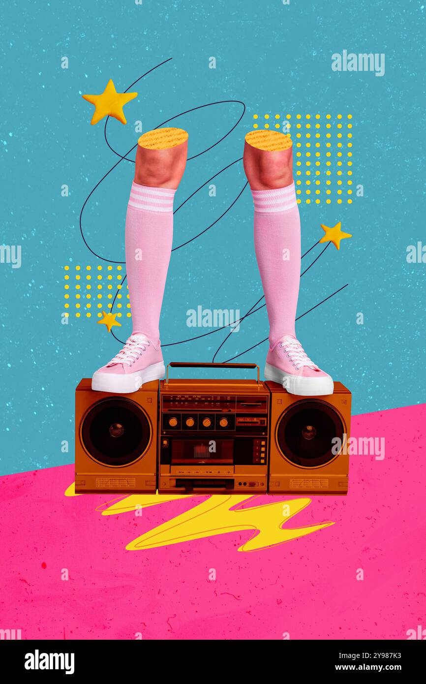 Immagine grafica collage composito verticale immagine di stelle boombox gambe isolate su sfondo creativo Foto Stock