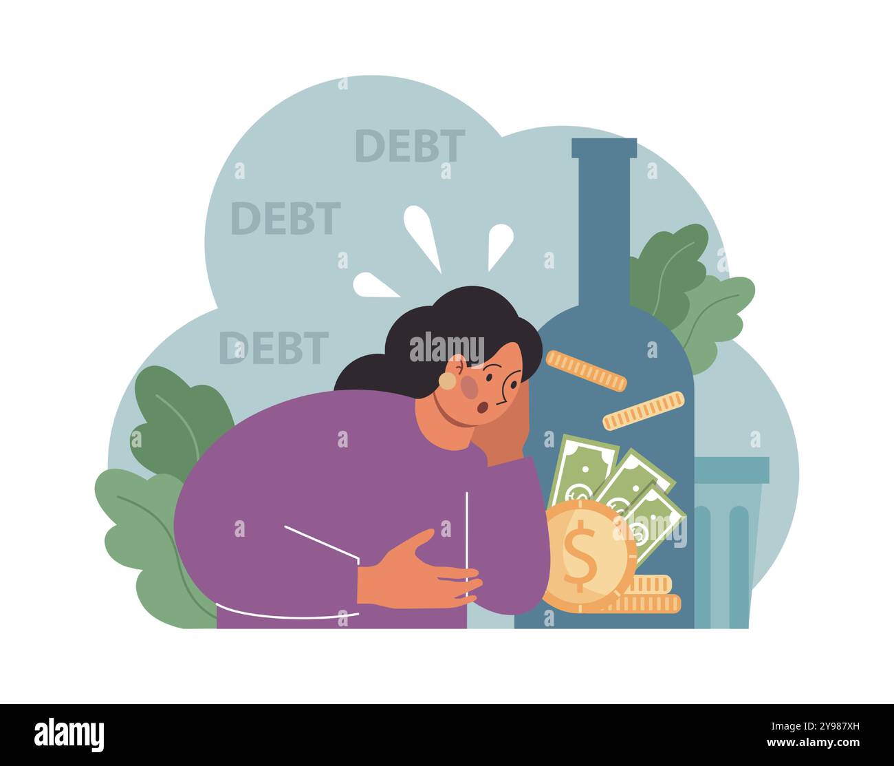Alcolismo femminile. Donna che soffre di alcolismo duro, dipendenza da alcol. Donna che spende tutti i soldi per una bottiglia di alcol. Abitudine pericolosa, consapevolezza malsana dello stile di vita. Illustrazione vettoriale piatta Illustrazione Vettoriale