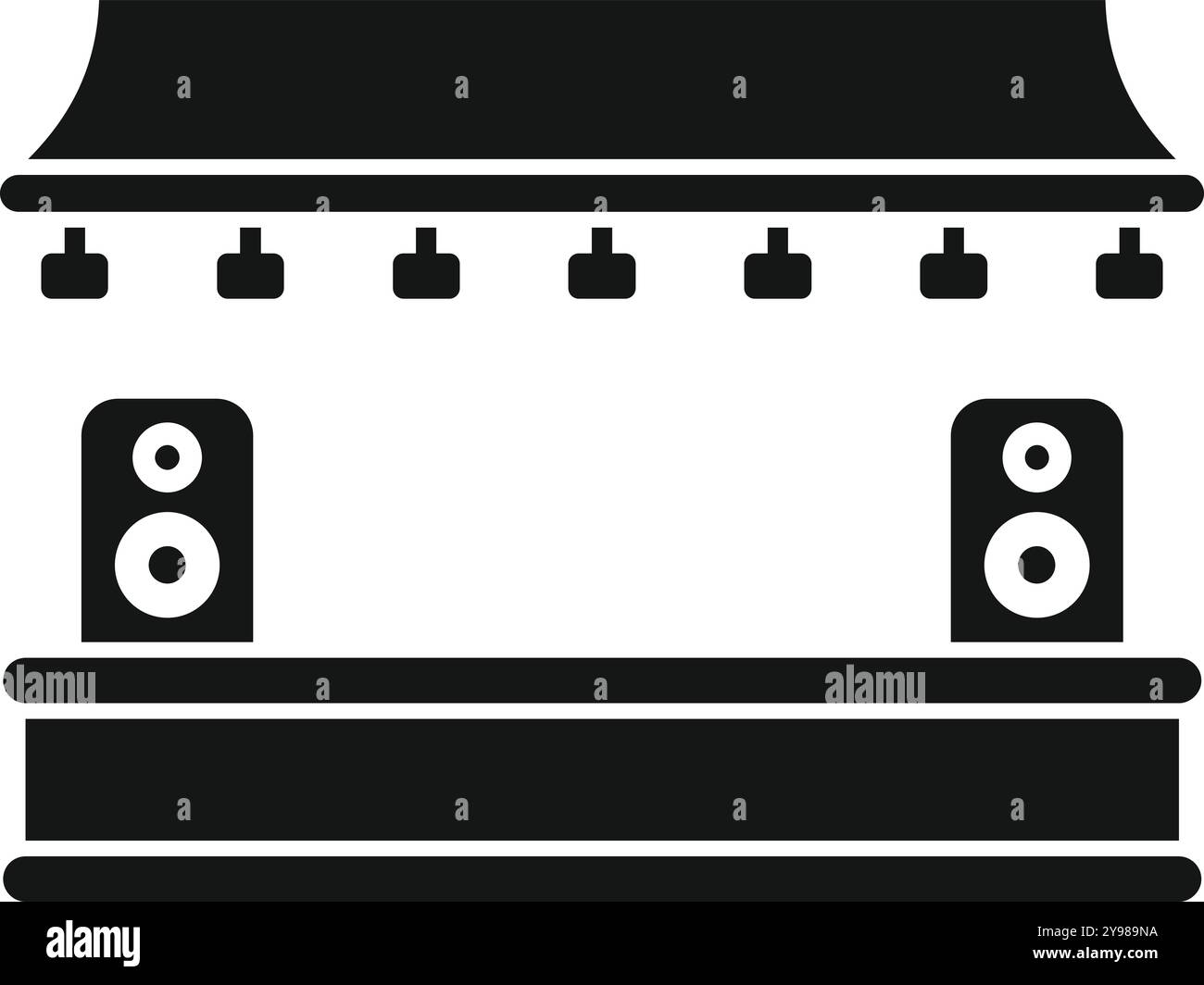 Icona in bianco e nero di un palco all'aperto con baldacchino e altoparlanti, perfetto per rappresentare concerti e festival musicali Illustrazione Vettoriale