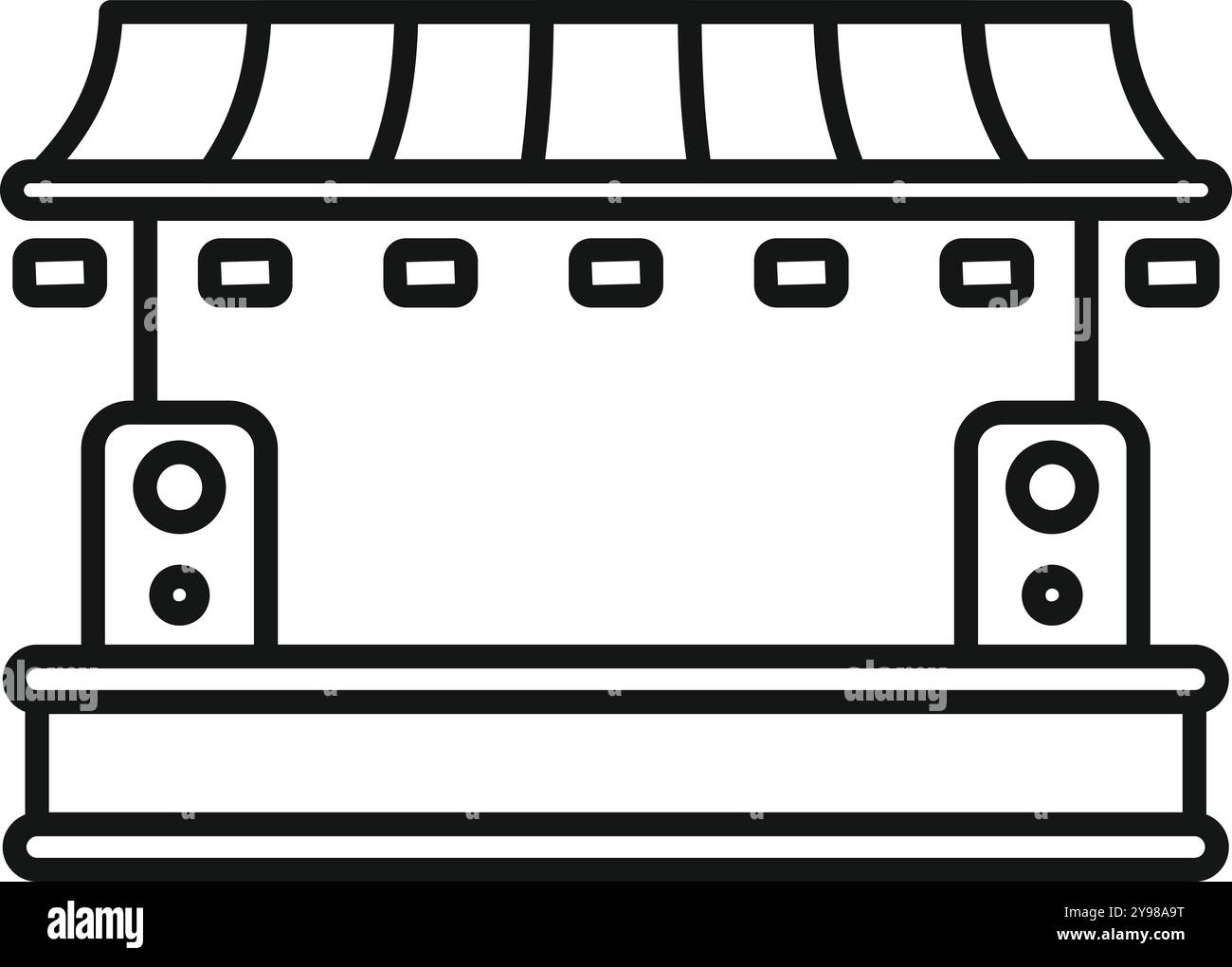 Palco all'aperto con altoparlanti e baldacchino che rappresentano uno spazio per concerti ed eventi di musica dal vivo Illustrazione Vettoriale