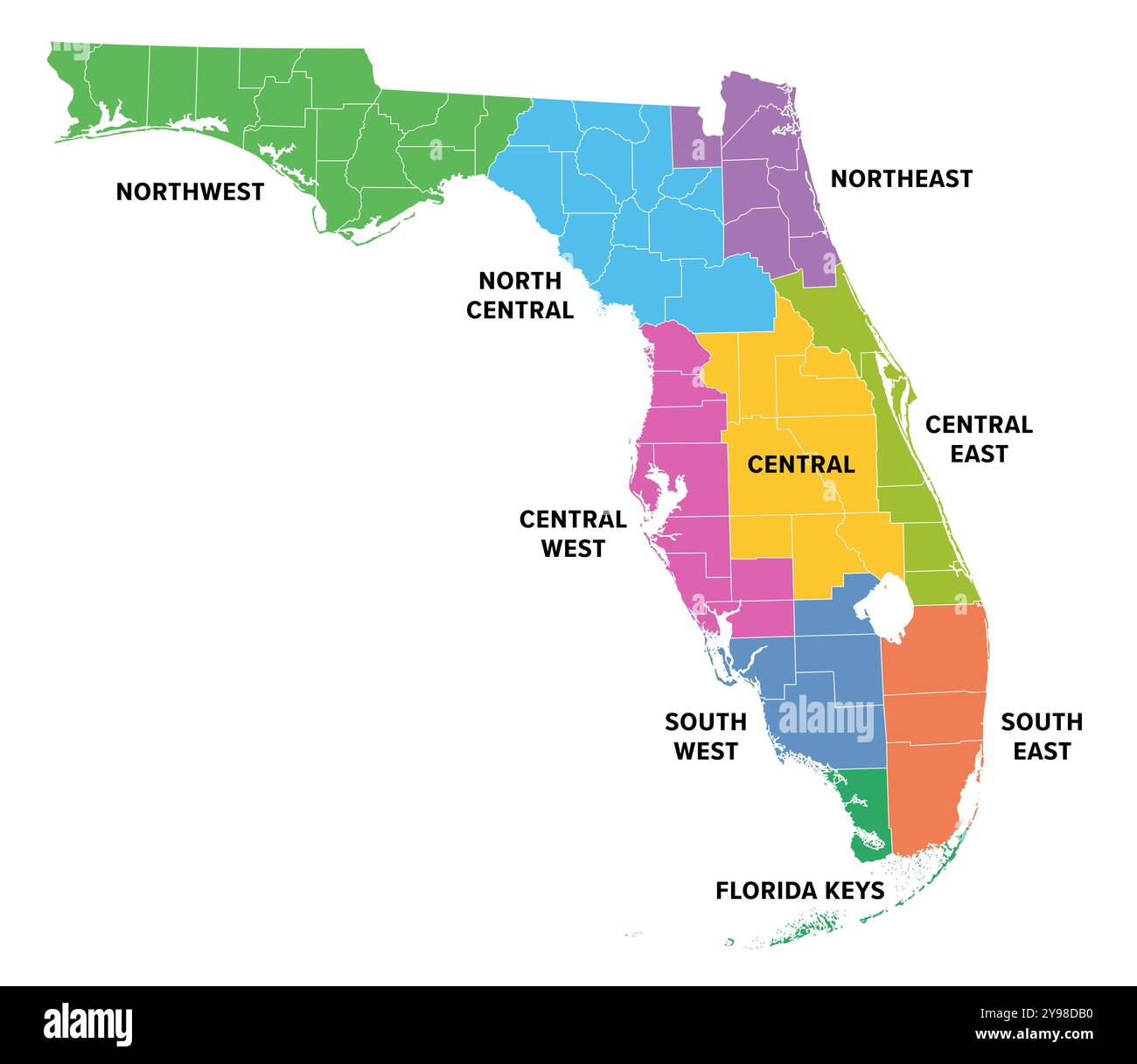 Regioni della Florida, uno stato nel sud-est degli Stati Uniti, mappa a colori. Divisione usata frequentemente dello stato degli Stati Uniti in 9 regioni principali. Foto Stock