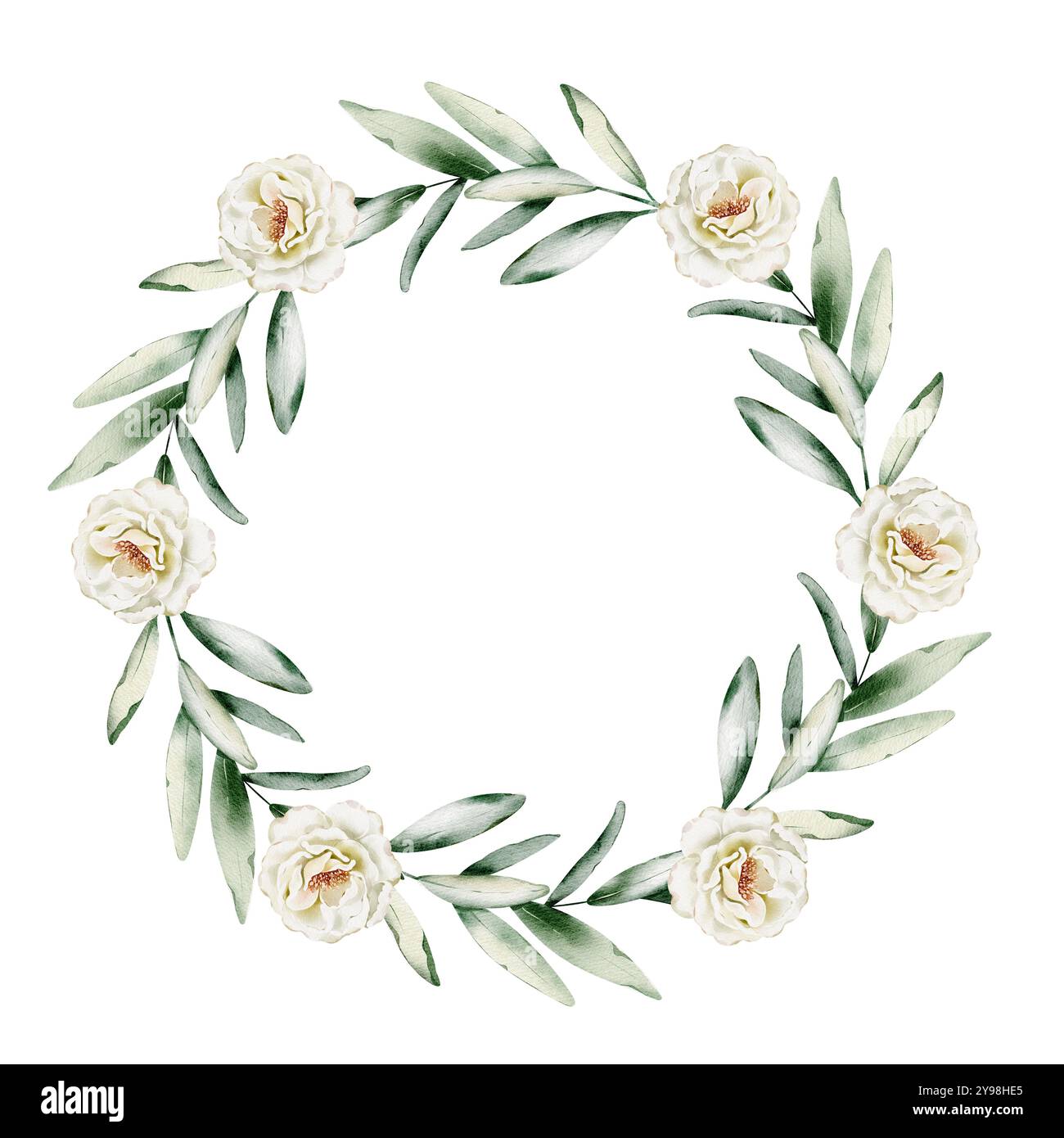 Corona floreale acquerello con fiori bianchi e foglie verdi. Disegno di cornice rotonda con rose e peonie su sfondo isolato per biglietti d'auguri Foto Stock