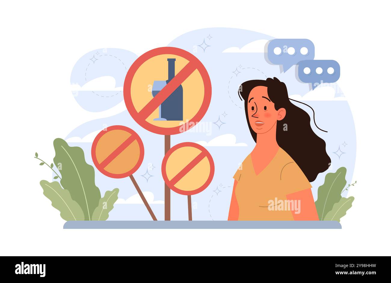 Alcolismo femminile. Donna che soffre di alcolismo duro, dipendenza da alcol. Donna che abbandona l'abitudine pericolosa rifiutandosi di bere. Consapevolezza malsana dello stile di vita. Illustrazione vettoriale piatta Illustrazione Vettoriale