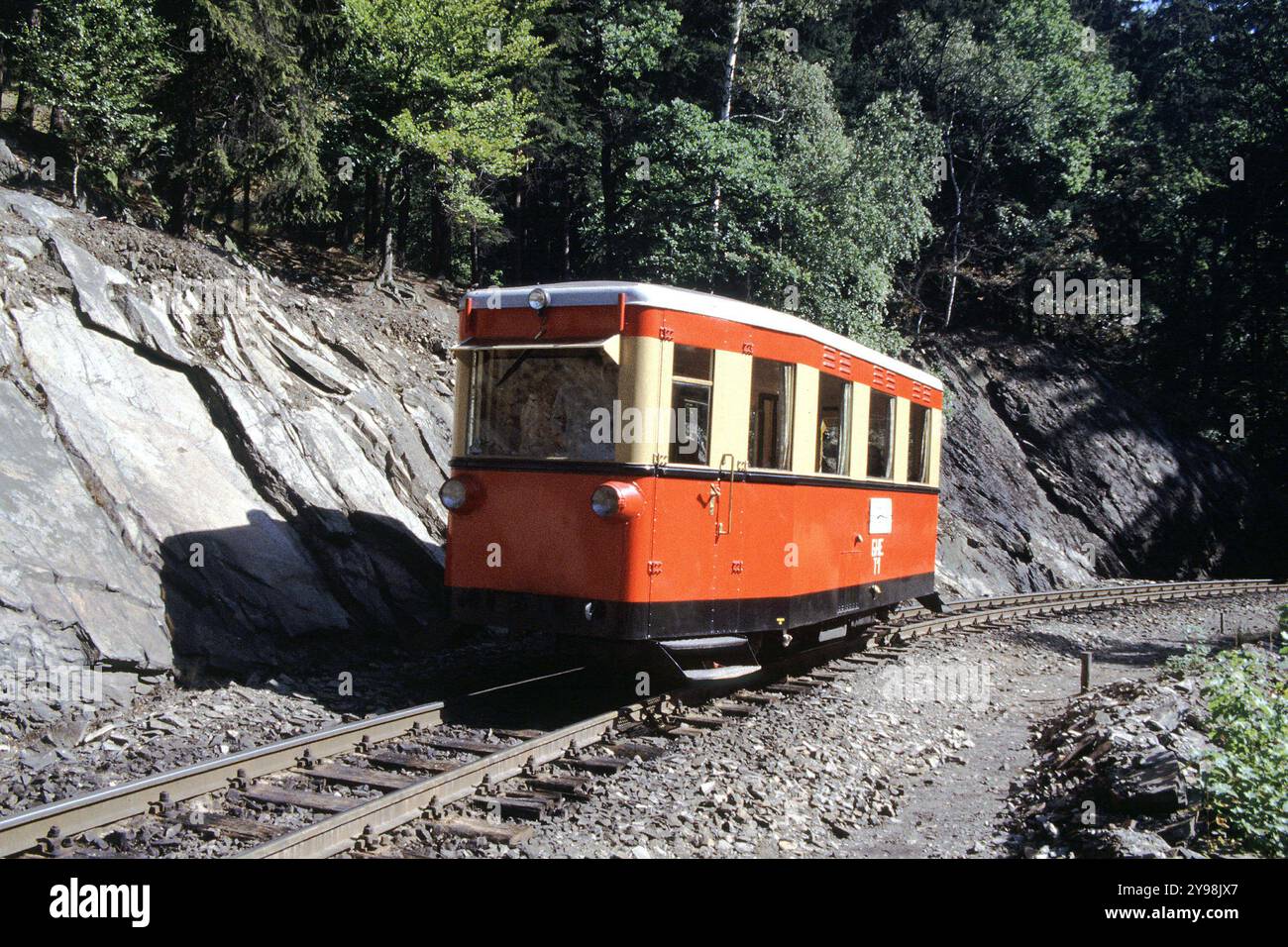 Un treno diesel sulla ferrovia a scartamento ridotto Harz tra Gernrode e Hasselfelde nel 1990 Foto Stock