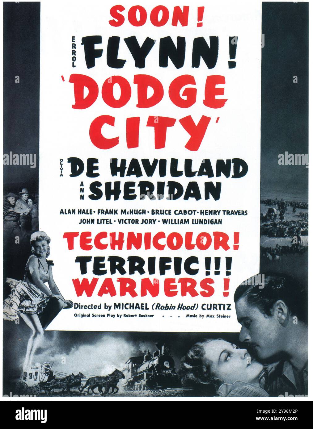 Poster del film Dodge City del 1939 - film WESTERN diretto da Michael Curtiz e interpretato da Errol Flynn, Olivia de Havilland. Warner Bros Foto Stock