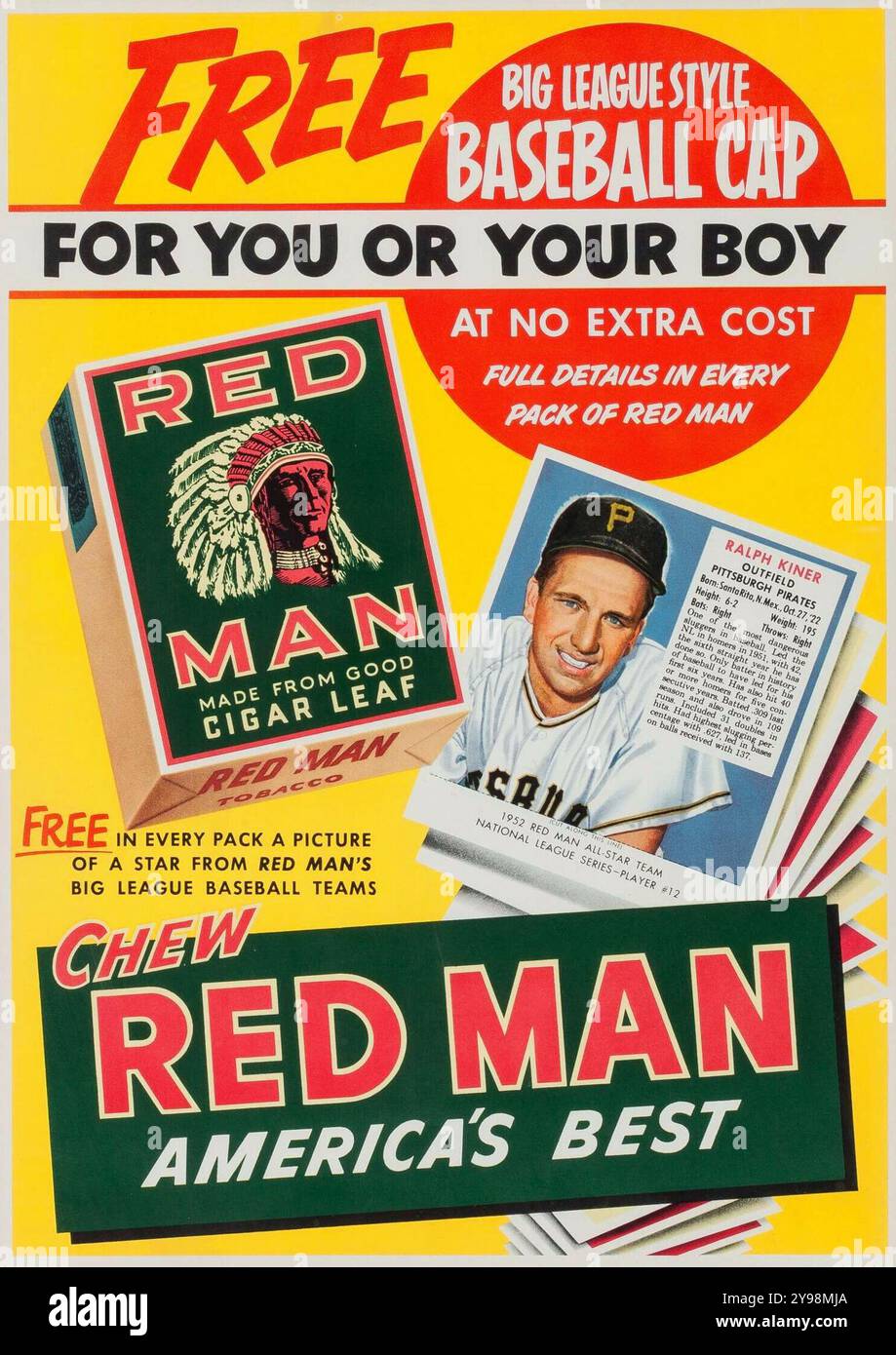 America's BEST - Red Man Chew Tobacco Advertisement feat Baseball player Ralph Kiner (Big Leauge Baseball) 1952 Foto Stock