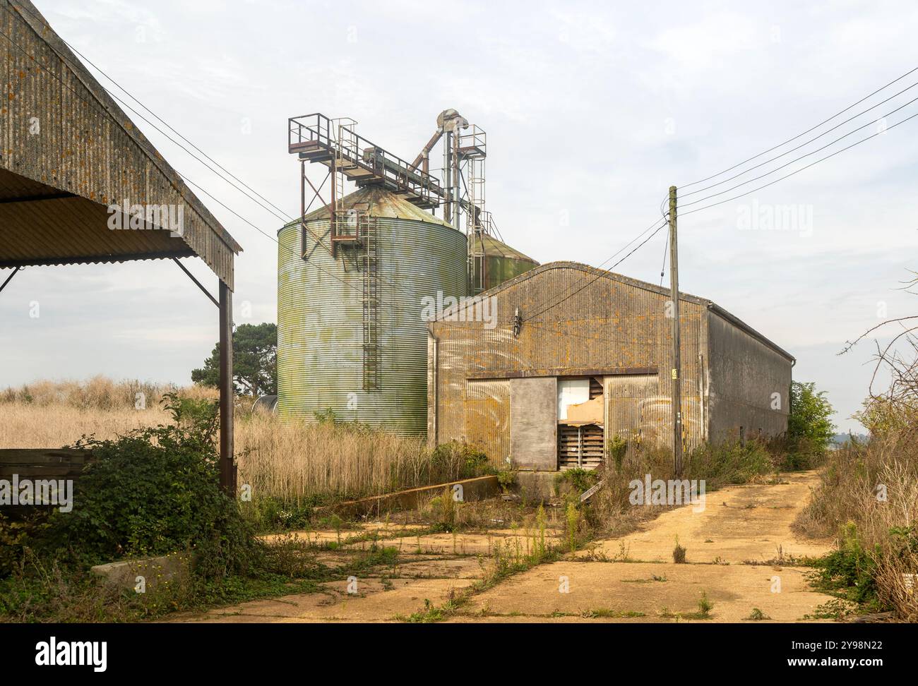 Silos per il deposito di cereali e fienile di amianto nell'Aia di Alderton, Suffolk, Inghilterra, Regno Unito Foto Stock